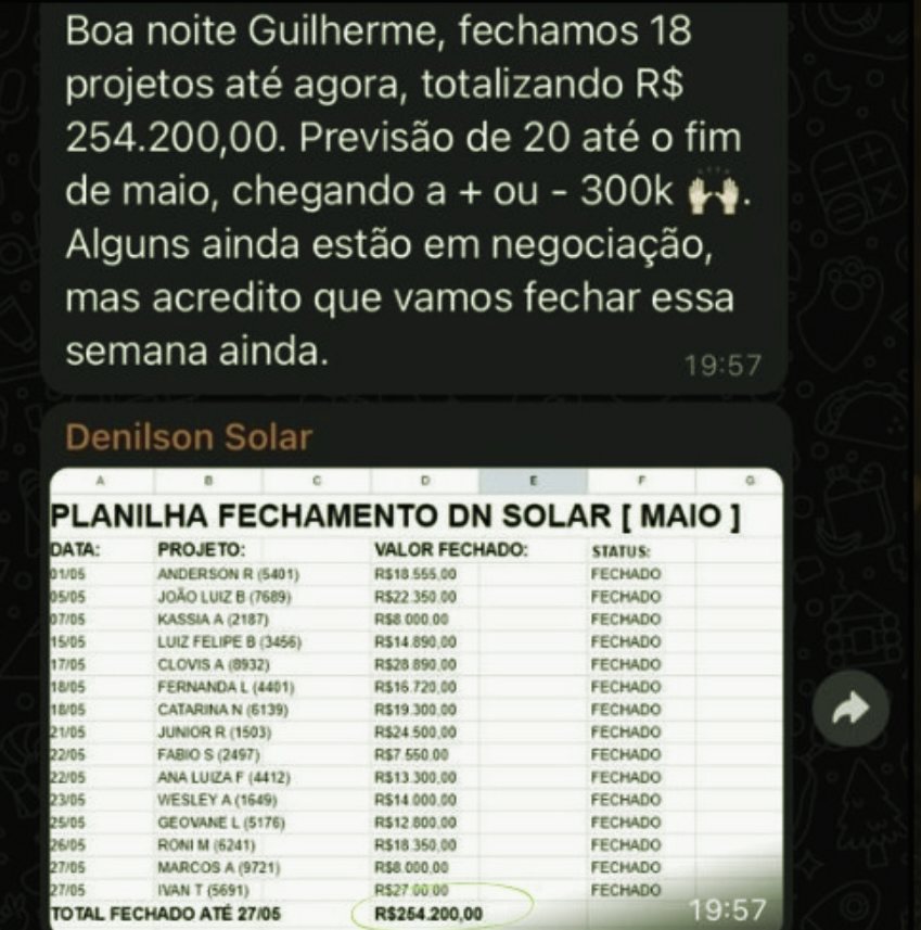 Planilha de fechamentos de maio da DN Solar enviada no WhatsApp
