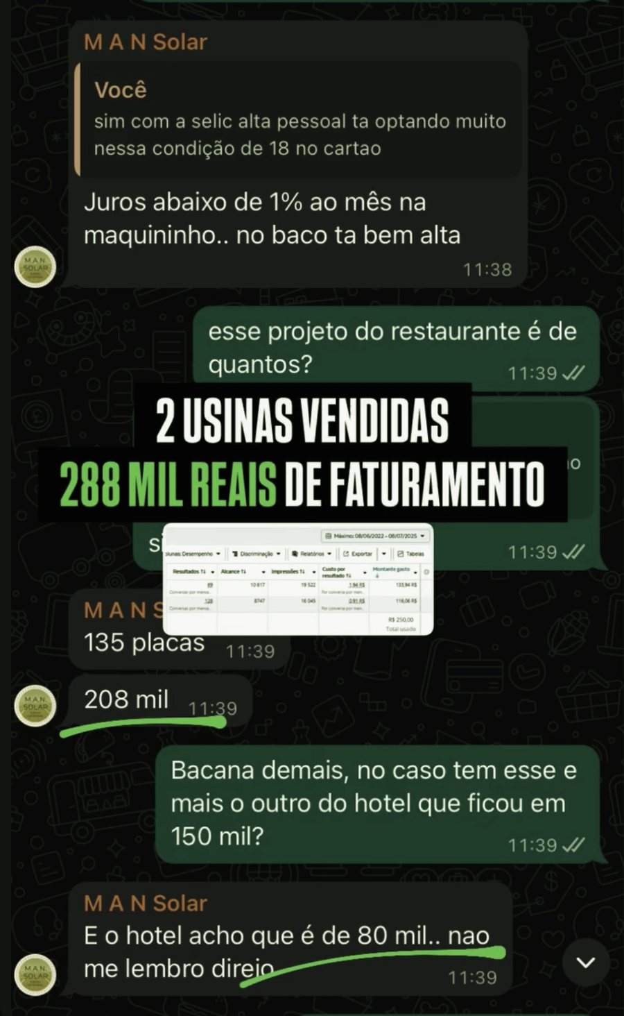 Conversa no WhatsApp com a MAN Solar sobre duas usinas vendidas