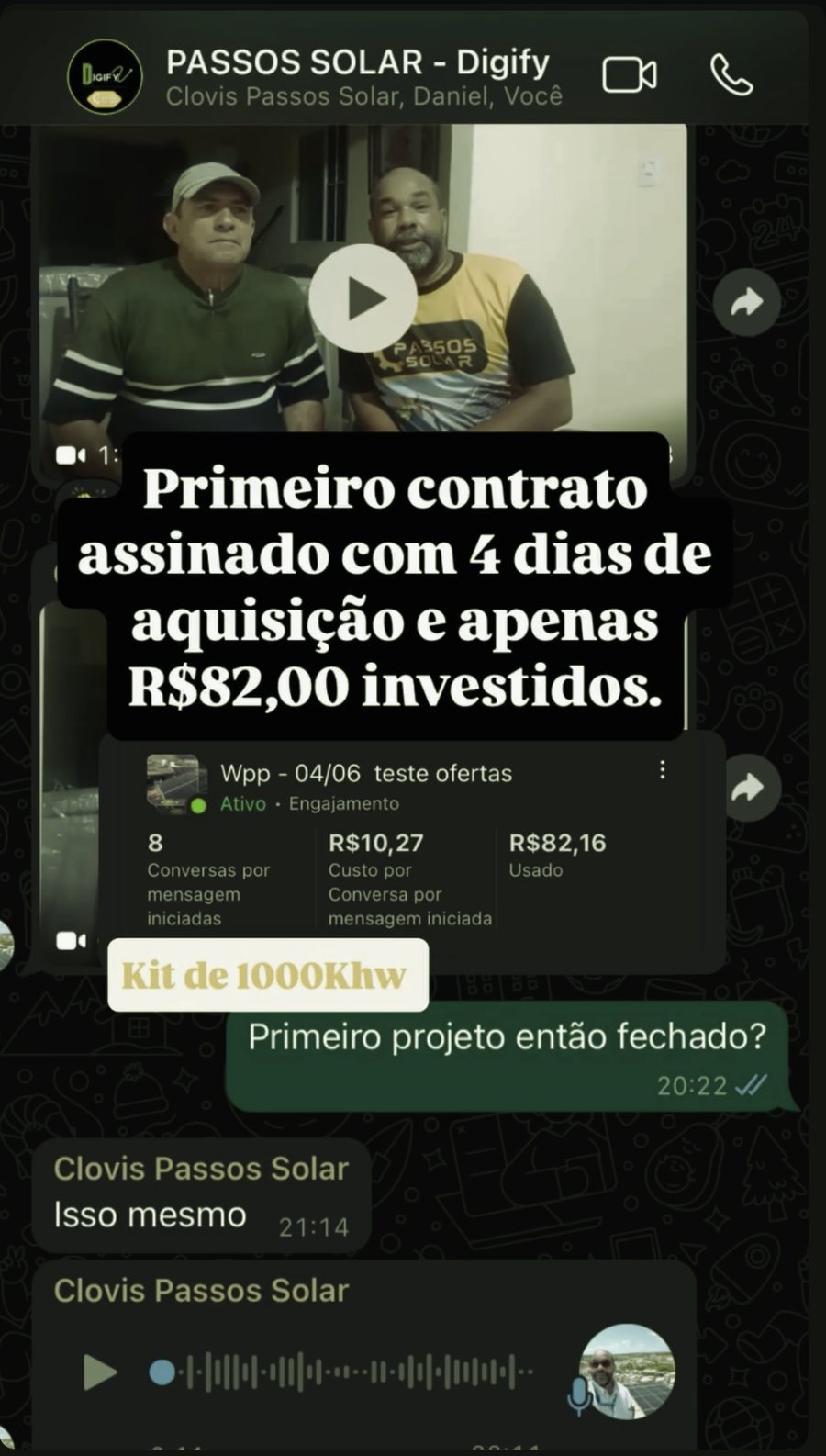 Conversa no WhatsApp com a Passos Solar sobre o primeiro contrato fechado